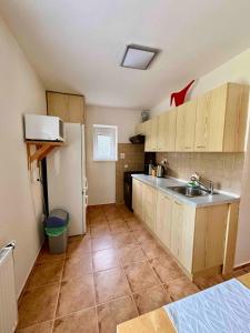 a kitchen with a sink and a refrigerator at Chalupa v Beskydech in Trojanovice