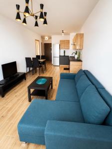 a living room with a blue couch and a kitchen at Apartament Dolina Baryczy in Żmigród