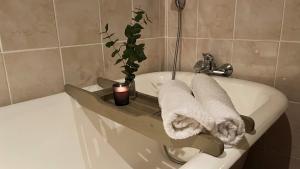 a bathroom with a bath tub with towels on it at Bramleigh Farm in Nottingham Road
