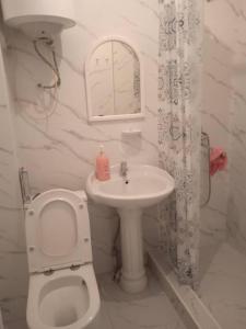 a white bathroom with a toilet and a sink at Жаркын in Naryn