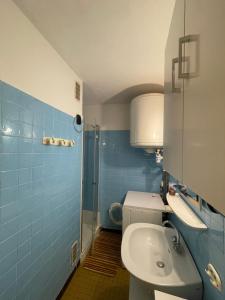 a blue bathroom with a sink and a toilet at Residence Port Saint Ange in Le Barcarès