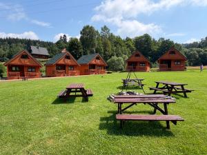a group of picnic tables in a field with log cabins at Domki na Podgórzu in Duszniki Zdrój