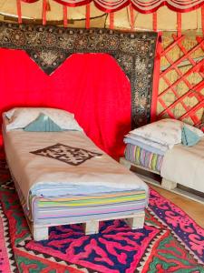 a room with two beds and a red curtain at Mars Canyon Yurt Camp in Tong