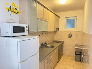 a kitchen with a white refrigerator and a microwave at Sea Time Apartment in Budva