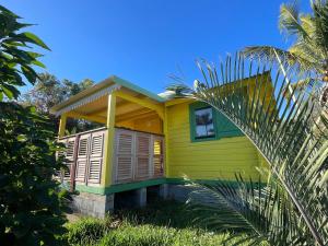 a yellow house with a palm tree in front of it at Les Chalets de COCO in Saint-Leu