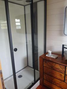 a shower with a glass door next to a wooden dresser at Les Chalets de COCO in Saint-Leu