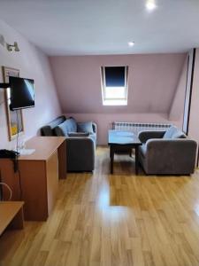 a living room with two couches and a tv at Hotel Mehdjarel in Shumen