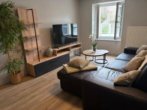a living room with a couch and a tv at Le prélong in Murol