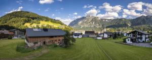 a small village with a green field and mountains at Gästehaus Kaufmann in Mellau