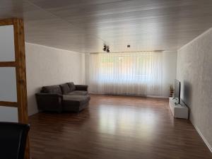 a living room with a couch and a television at Müllers Bergnest in Deggingen +6 photos
