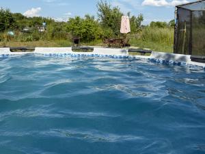 a large pool of blue water in a yard at Дом с бассейном и мангальной зоной in Ustʼ-Kamenogorsk