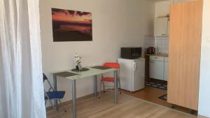 a small kitchen with a table and a refrigerator at 35 Square meter Apartment in Sankt Pölten +6 photos