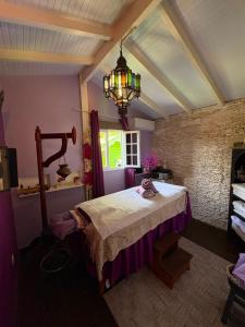 a bedroom with a bed and a chandelier at Gite d'arles Bungalow "La Rose" in Le Moule +14 photos
