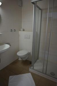 uma casa de banho com um chuveiro, um WC e um lavatório. em Pension-Metzgerei Hofer em Inning am Holz