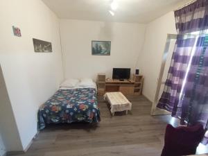 a small bedroom with a bed and a television at Holidays Svetin Apartments in Grebaštica