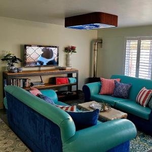 a living room with two blue couches and a tv at Aandster in Paternoster