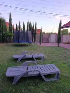 three picnic tables in the grass in a yard at Casa Daria Oradea in Oradea