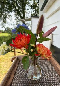 a vase with flowers in it on a table at Dekema Equestrian Trekkershutjes in Gorredijk