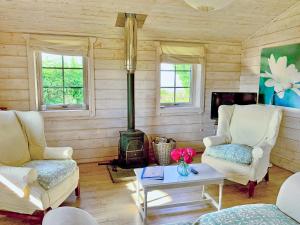 a living room with two chairs and a wood stove at Lapwing Lodge - Uk51640 in Carsethorn