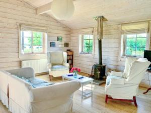 a living room with a couch and two chairs and a stove at Lapwing Lodge - Uk51640 in Carsethorn