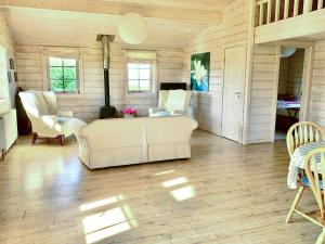 a living room with white furniture and wooden walls at Lapwing Lodge - Uk51640 in Carsethorn +9 photos