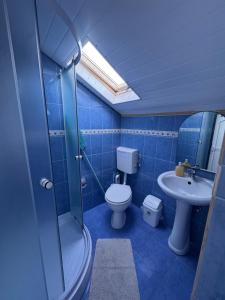 a blue bathroom with a toilet and a sink at Casa Silvia in Eforie Nord