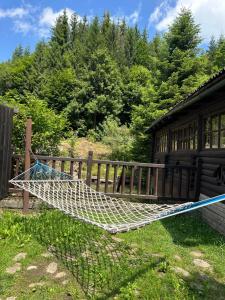 a hammock in front of a cabin at Володимирська садиба in Migovo