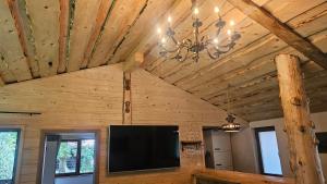 a living room with a flat screen tv on a wooden ceiling at Cabana Valea Brândușelor in Bran