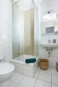 a bathroom with a shower and a toilet and a sink at Wildstein - Ferienwohnungen in Bayrischzell +35 photos