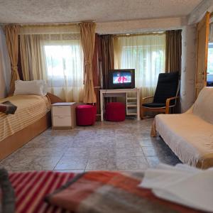 a hotel room with two beds and a television at Apartament de vacanta Criss in Buşteni