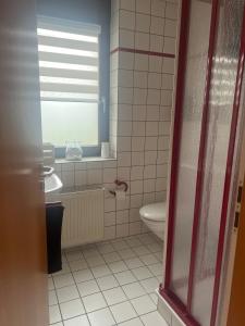 a bathroom with a toilet and a sink and a window at Fernblick Oase in Meschede +11 photos