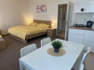 a bedroom with a bed and a table and chairs at Hotel Koruna in Roudnice nad Labem +34 photos