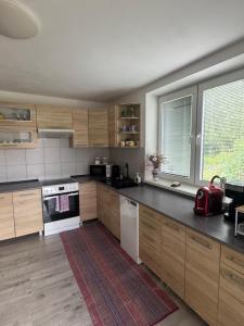 a kitchen with wooden cabinets and a white appliance at Pod Kyčarou in Čabalovce