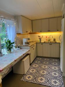a kitchen with a table and a counter top at Stora Djulö Vandrarhem in Katrineholm