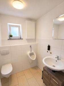 a bathroom with a sink and a toilet and a urinal at Arcade Apartment Bad Oldesloe in Bad Oldesloe +5 photos