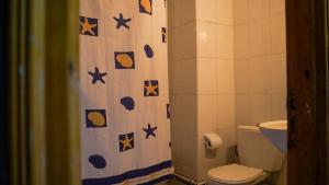 a bathroom with a toilet and a shower curtain at Le Lagon Bleu Oualidia in Oualidia