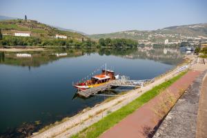 a boat is docked on a river at Residencial Hospedaria Vale do Rodo in Peso da Régua