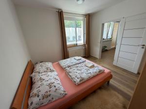 a bedroom with a bed and a window and a door at Sowa Rigpa apartmán in Gerlachov