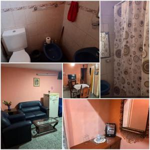 a collage of four pictures of a bathroom at Casa Chicho in Santiago del Estero