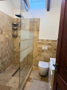 a bathroom with a toilet and a glass shower at Ohaba 140-141 By Holztreppe in Ohaba +56 photos