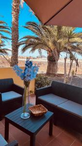 a vase of blue flowers sitting on a table at Apartamento Oasis Tamarindo Vista Al Mar in Corralejo