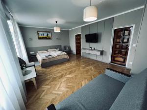 ein Schlafzimmer mit Bett und Fernseher auf Holzboden in der Unterkunft У Палыча in Cahul