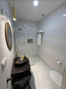 a bathroom with a toilet and a sink and a mirror at Sherezade Riad in Tétouan +22 photos