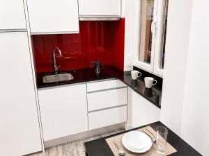 a small kitchen with white cabinets and red walls at Smart-Tech Plaza Apartment in Salamanca +11 photos