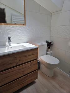 a bathroom with a toilet and a sink and a mirror at Lazy Days Gite in Rancon