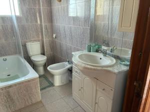 a bathroom with a sink and a toilet and a tub at Apartamentos turisticos los baños in Fortuna