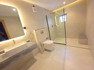 a bathroom with a toilet and a sink and a shower at Amazonia Luxury in Abuja +68 photos