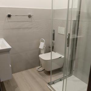 a bathroom with a toilet and a glass shower at Brezza marina in Alghero +3 photos