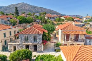 a village with houses and mountains in the background at Thymele Stone House in Lygourio