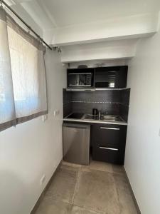 a small kitchen with a sink and a microwave at Petit cocon avec mezzanine in Six-Fours-les-Plages